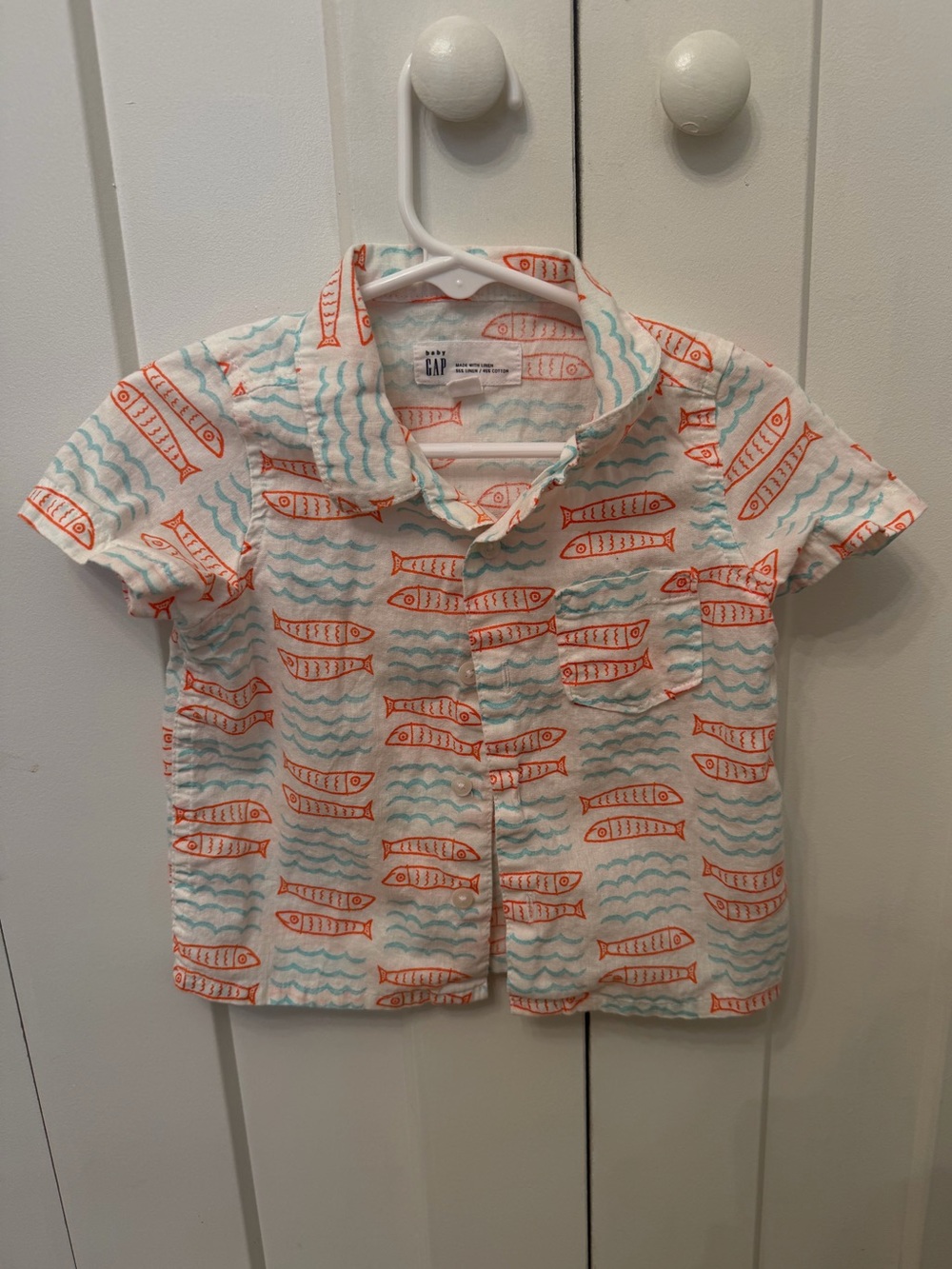 Baby Gap Linen Blend Fish Print Short Sleeve Button Down Shirt 12-18 months